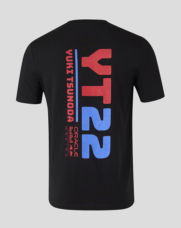 Back view of a black Oracle Red Bull Racing T shirt with bold red YUKI TSUNODA text running vertically and a large red and blue YT22 graphic.