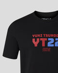 Close-up of black T shirt chest displaying YUKI TSUNODA and bold red and blue YT22 graphic with Oracle Red Bull Racing logo.