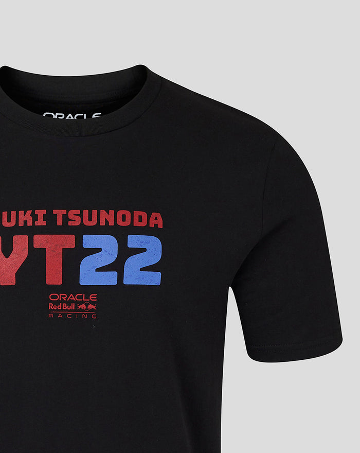 Front of black Oracle Red Bull Racing T shirt featuring YUKI TSUNODA and the red and blue YT22 graphic on the chest.