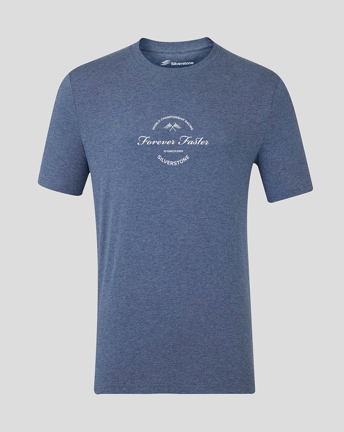 Front view of dark heather blue oversized T shirt with white Forever Faster graphic on the chest and woven badge.