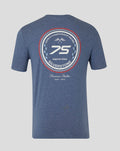 Back view of a dark heather blue oversized T shirt with a large circular 75 Years of Speed emblem on the back
