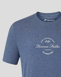 Front view of dark heather blue T shirt with Forever Faster circular graphic on the chest and Silverstone logo at the neckline