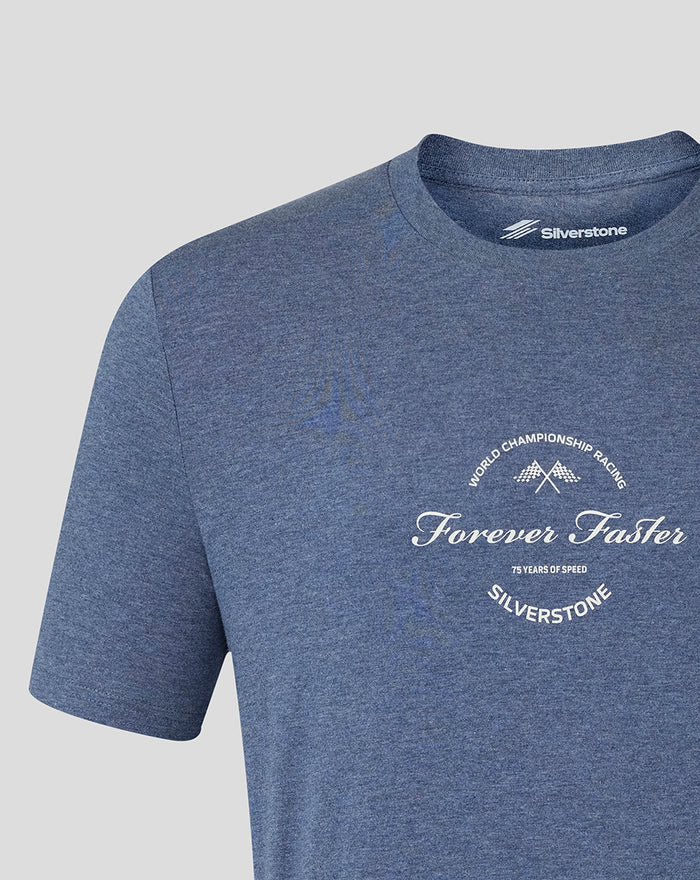 Front view of dark heather blue T shirt with Forever Faster circular graphic on the chest and Silverstone logo at the neckline