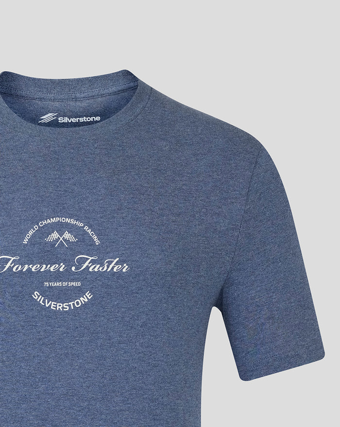 Close up of the chest graphic on the dark heather blue tee showing the Forever Faster design and circular Silverstone emblem