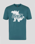 Front view of teal Godzilla x Haas Team unisex T shirt with a white Godzilla silhouette on the chest