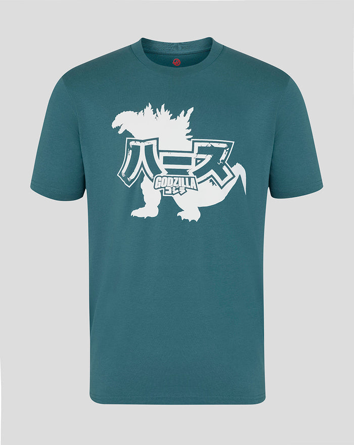 Front view of teal Godzilla x Haas Team unisex T shirt with a white Godzilla silhouette on the chest