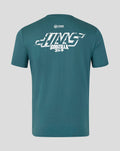 Back view of teal Godzilla x Haas Team T shirt with a large weathered Haas graphic across the back
