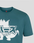 Deep racing teal T shirt features a white Godzilla silhouette and integrated Haas branding on the front.