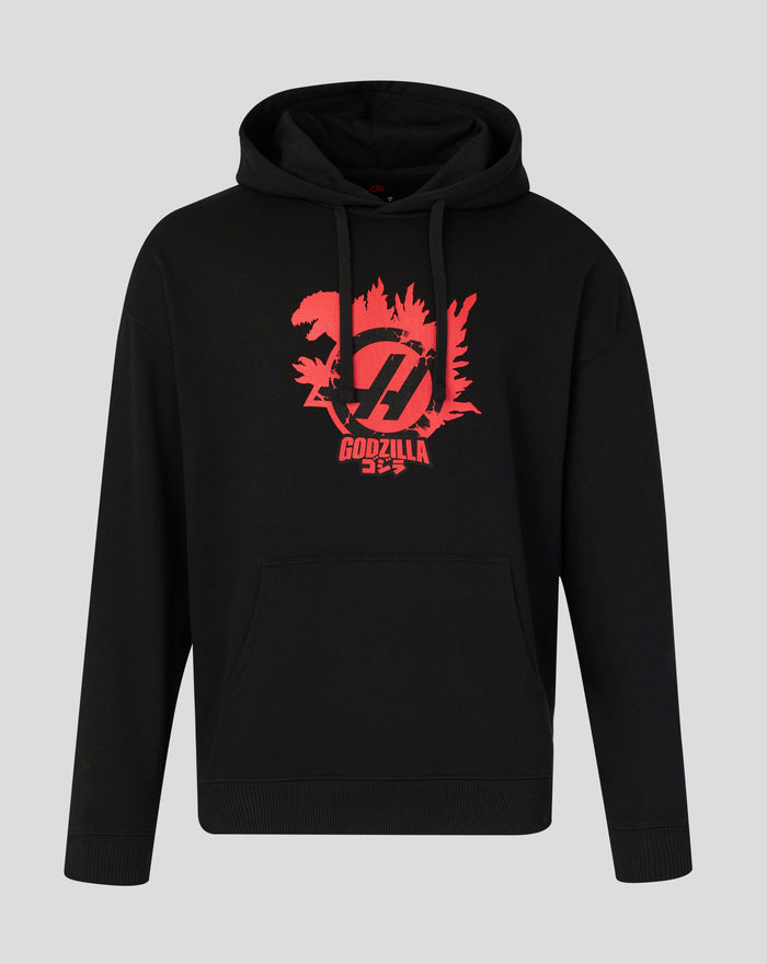 Black Godzilla x Haas Team Hoodie with bold red atomic breath graphic on chest and large Godzilla motif on back