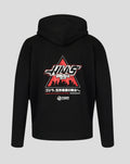 Back view of black Godzilla x Haas hoodie with a prominent red graphic featuring skyline and Japanese text