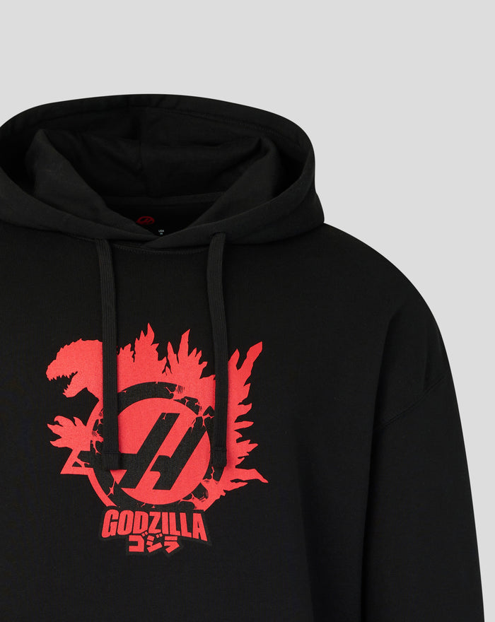 Close up of black Godzilla x Haas Team Hoodie showing the bold red graphic on the chest