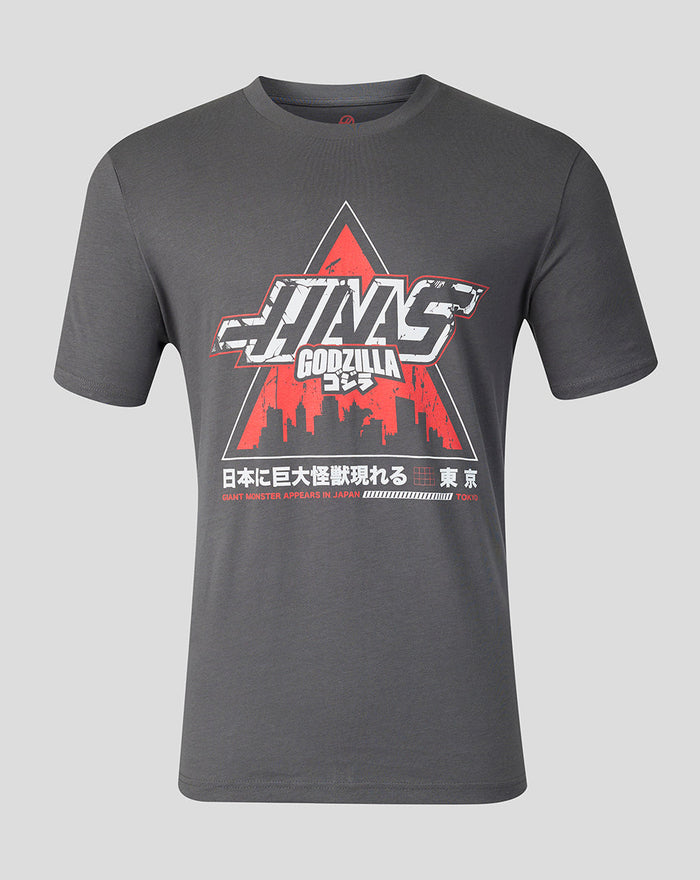Anthracite Godzilla Tokyo X Haas T-shirt with bold red triangle background and white logo.