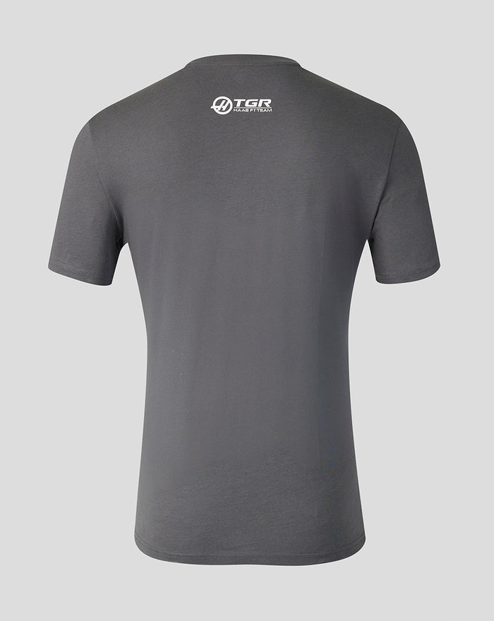 Back view of a dark grey Godzilla Tokyo X Haas T-shirt with a small white TGR Haas logo at the upper back.