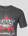 Front view of a dark gray Unisex Godzilla Tokyo Haas T shirt with a red triangle background and bold white logo