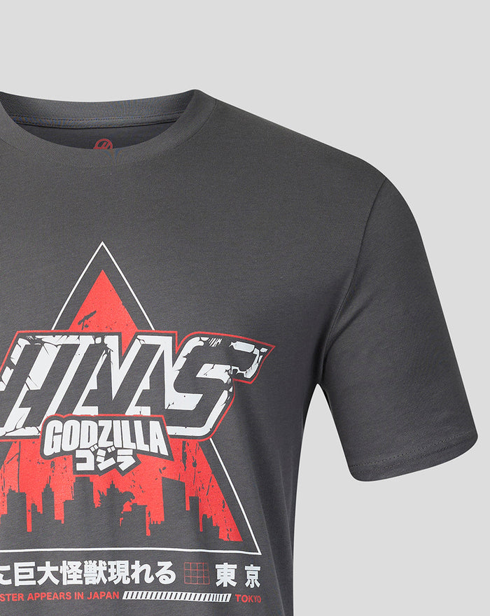 Front view of a dark gray Unisex Godzilla Tokyo Haas T shirt with a red triangle background and bold white logo