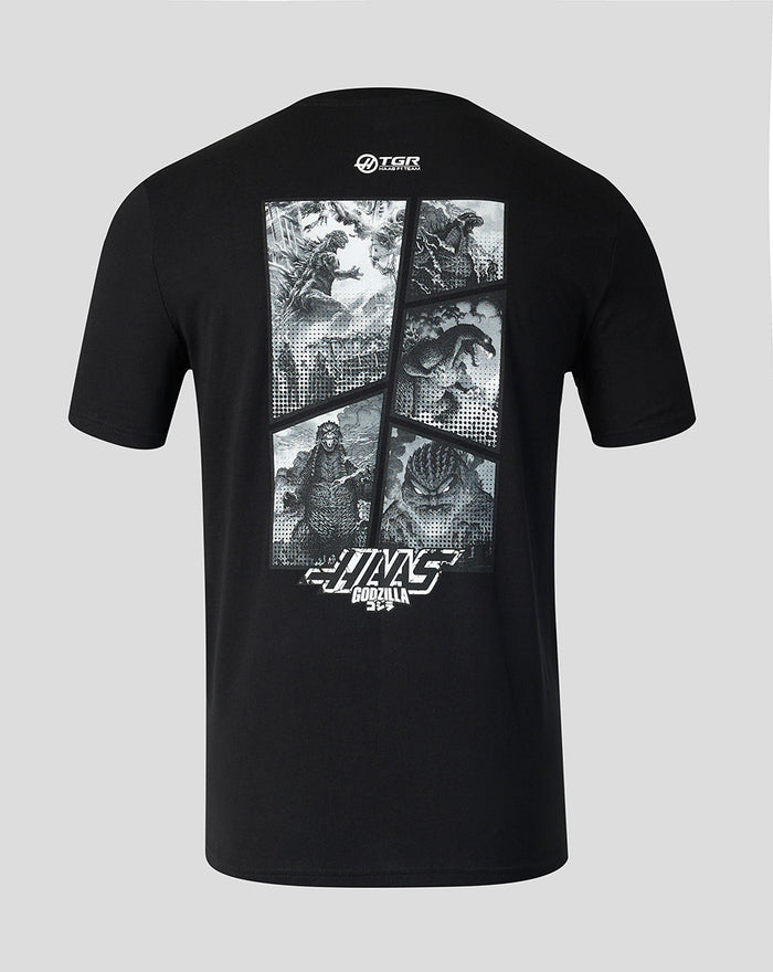 Back view of black Godzilla Comic X Haas T Shirt featuring a grayscale comic panel collage on the upper back