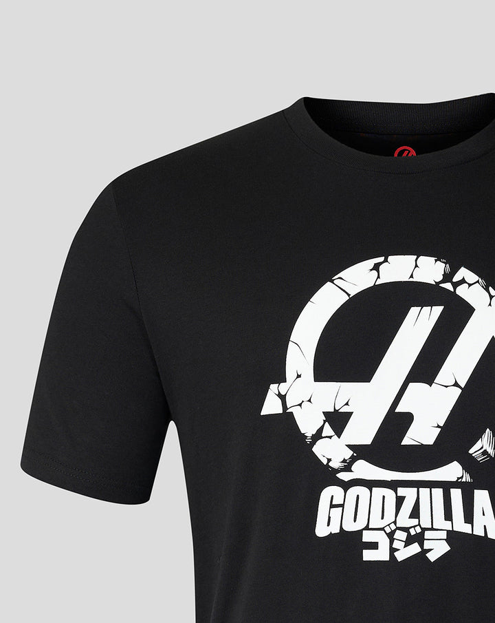 Black unisex Godzilla Comic X Haas T-shirt with large cracked white logo on the front.