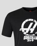 Black unisex Godzilla Comic X Haas T-shirt with large cracked white logo on the front.