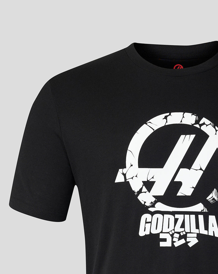 Black unisex Godzilla Comic X Haas T-shirt with large cracked white logo on the front.