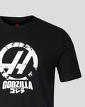 Back close-up of black Godzilla Comic X Haas T Shirt showing grayscale panels and TGR logo at the neckline