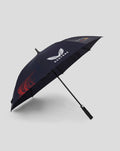 Navy Oracle Red Bull Racing Castore golf umbrella opened at an angle with white logo on canopy and foam handle