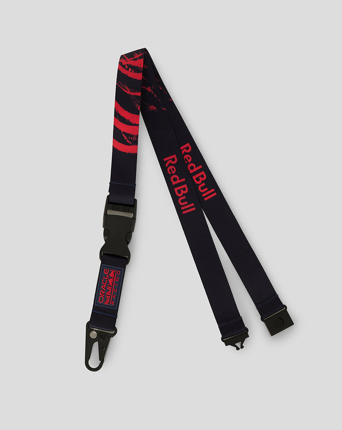 Navy Red Bull Racing lanyard with red rubber logo and metal clip.