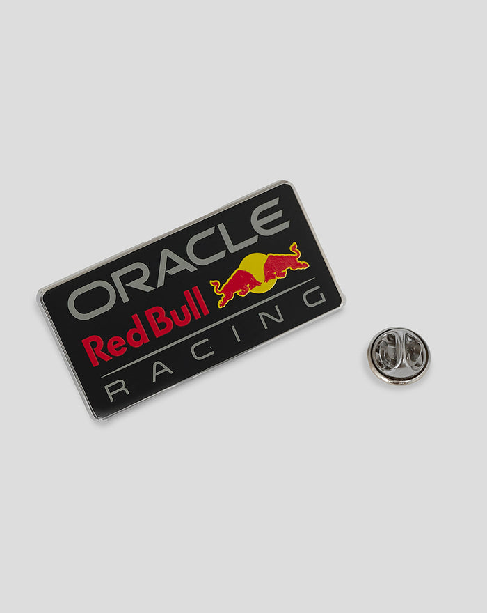 Close up of Night Sky pin badge with Red Bull Racing logo and metal pin backing