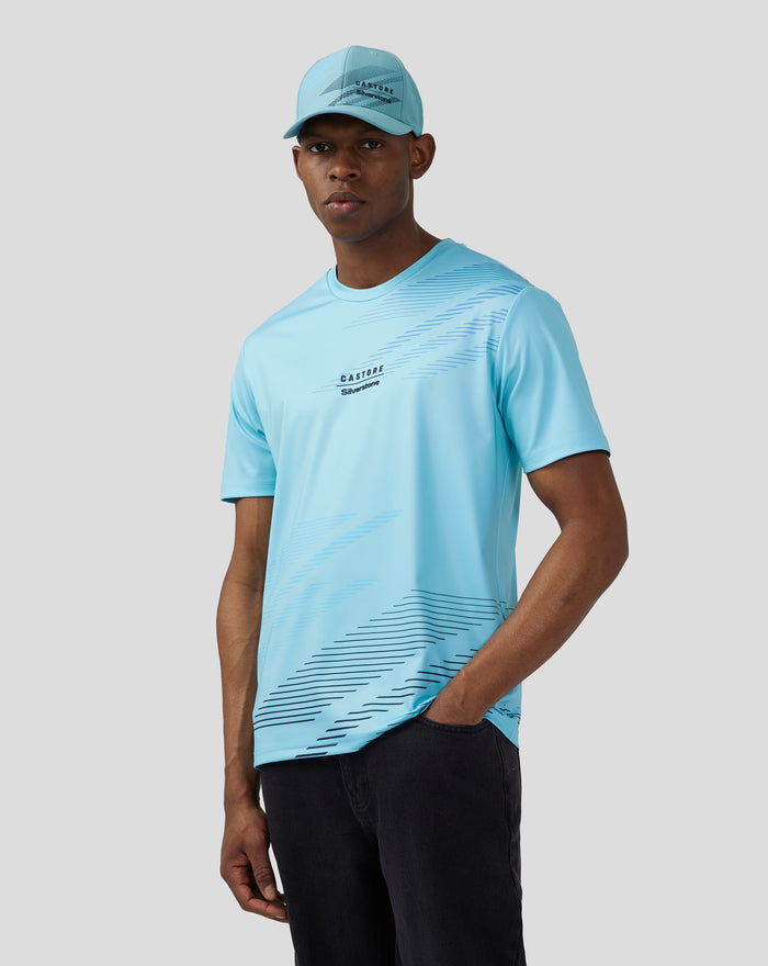 Male model wearing a light blue Cabana Blue cap from the Silverstone x Castore collection.
