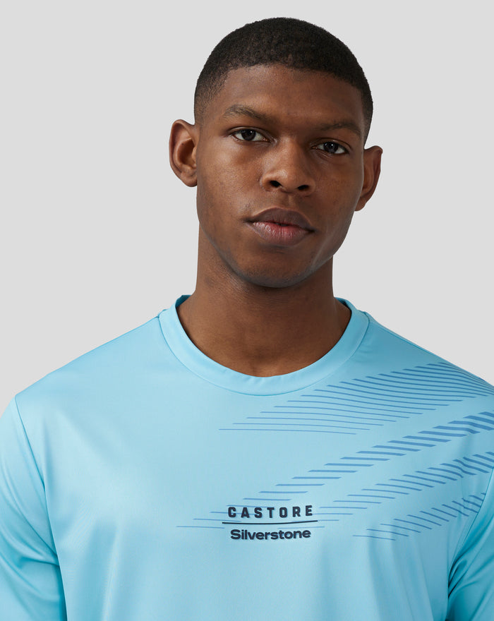 Close up of chest area showing Castore Silverstone logo on Cabana Blue T shirt.