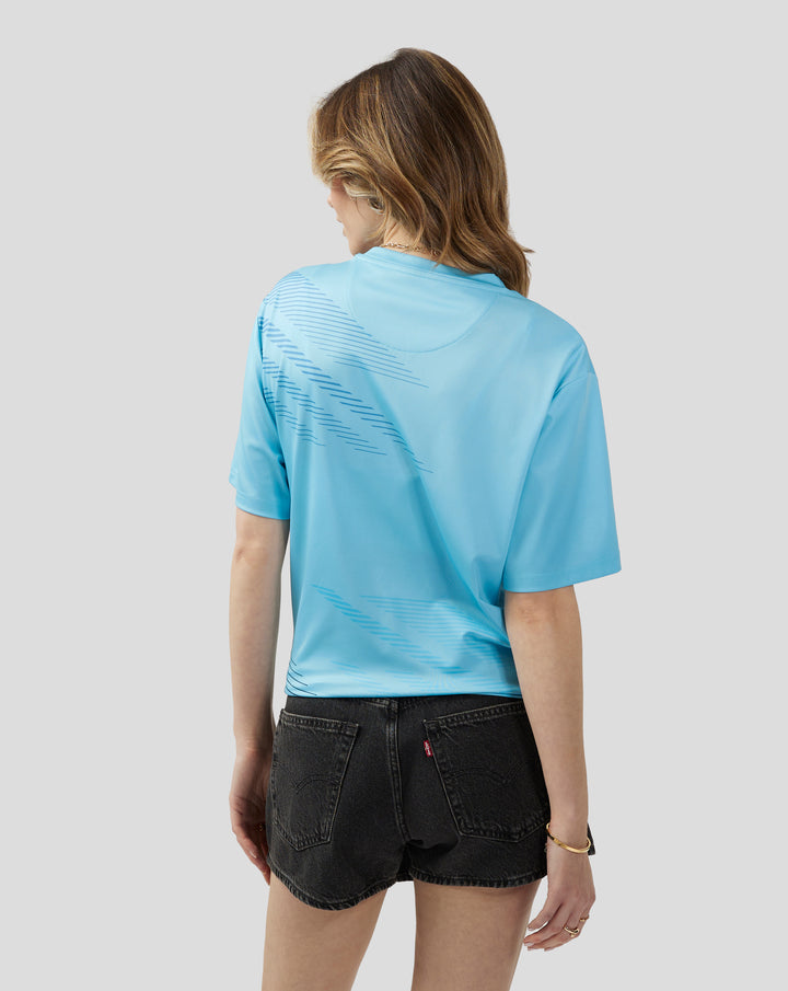 Back view of Cabana Blue Castore Sublimated short sleeve T shirt with diagonal stripes.