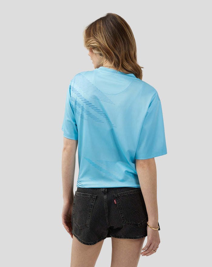 Back view of Cabana Blue Castore Sublimated short sleeve T shirt with diagonal stripes.