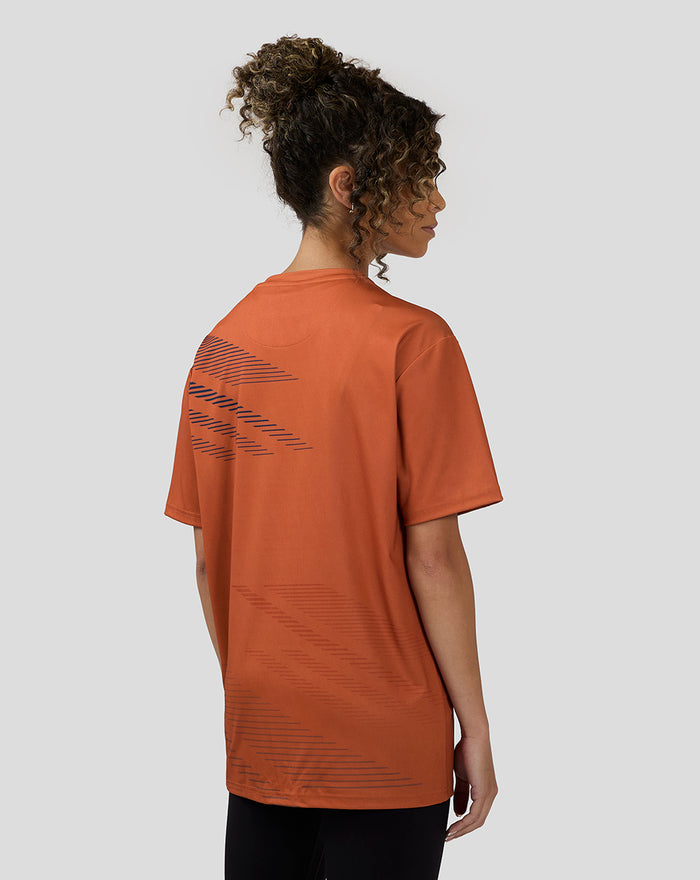 Back angled view of the orange rust T-shirt with diagonal navy stripe pattern along the back.