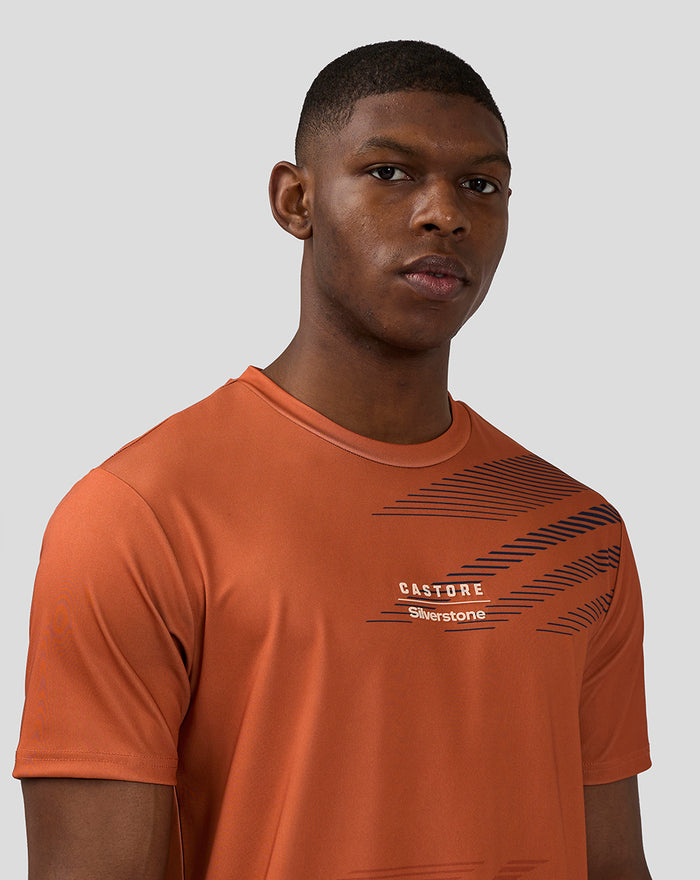 Close-up front view of orange rust Silverstone T-Shirt showcasing diagonal navy stripes on the chest and logo.