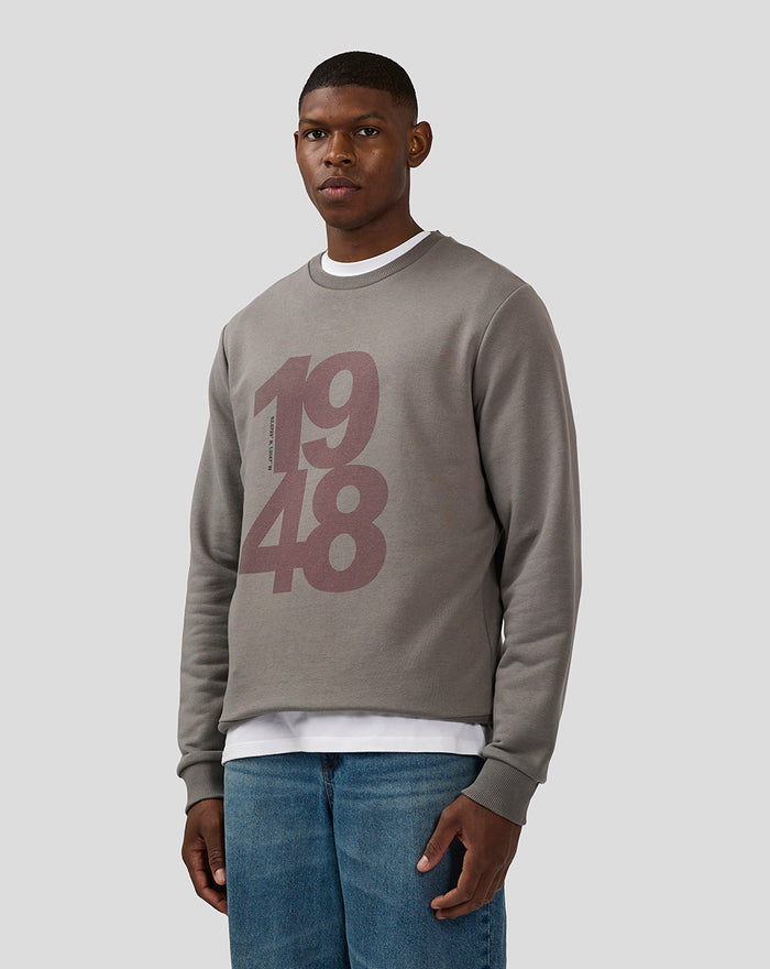 Male model wearing a charcoal Silverstone Core Sweatshirt with a large mauve 1948 graphic over a white tee