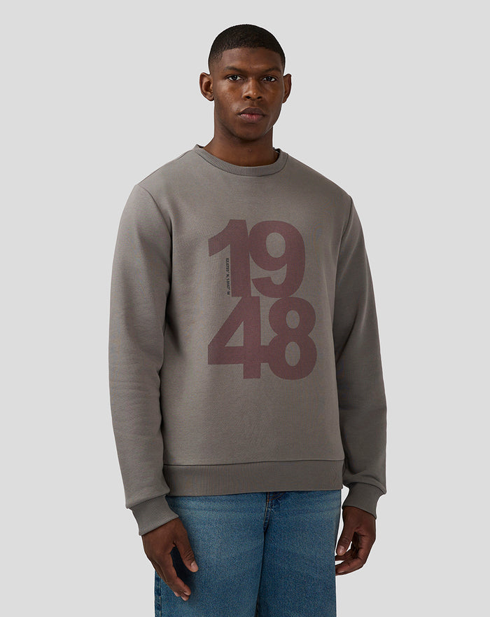 Male model wearing charcoal grey Silverstone Core Sweatshirt with large 1948 graphic.