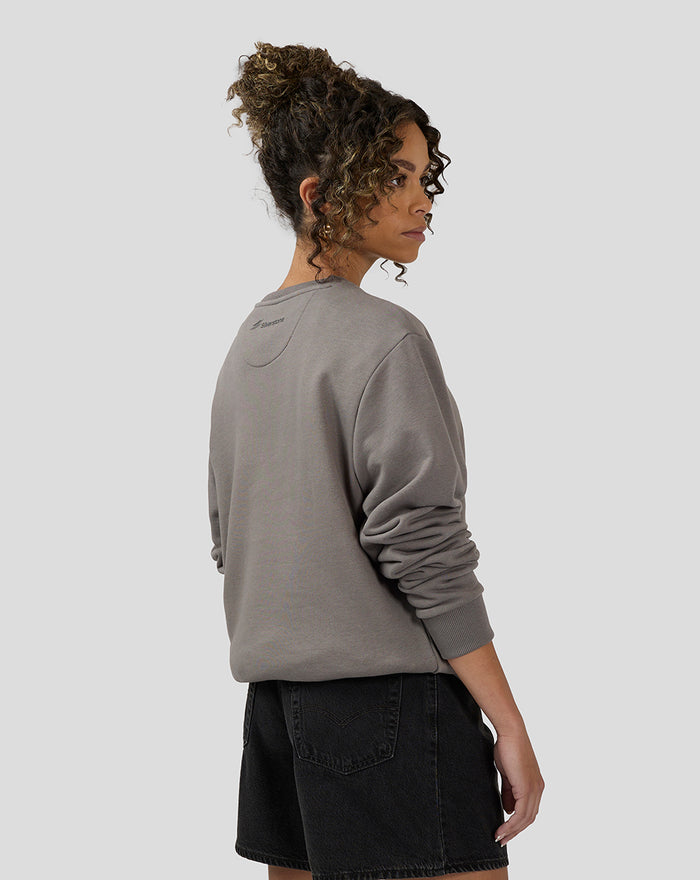 Back view of a woman wearing a charcoal grey Silverstone Core Sweatshirt.