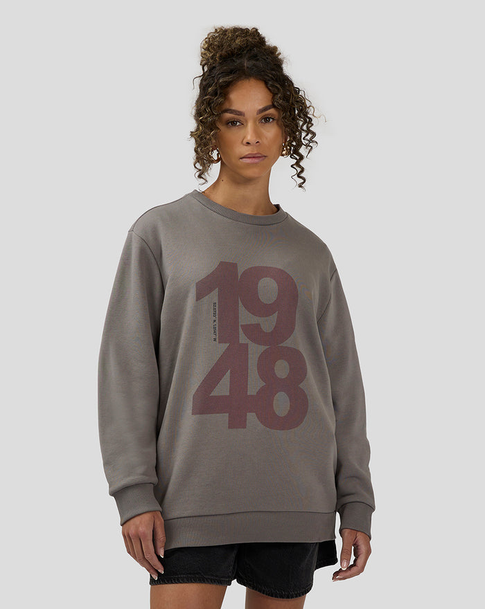 Charcoal Grey Silverstone Core Sweatshirt on a model with a bold 1948 graphic on the front