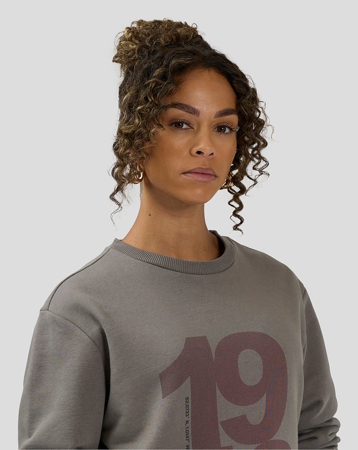 Front view of charcoal grey Silverstone Core Sweatshirt on a model with a large graphic on the chest