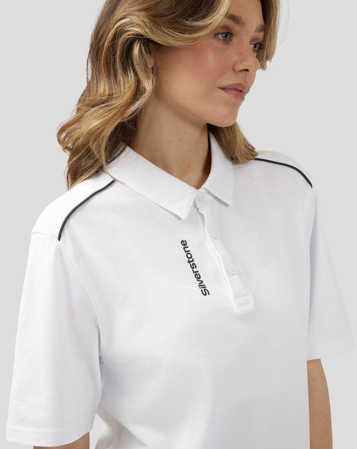 White Silverstone Core Polo Shirt with contrast piping worn by a model