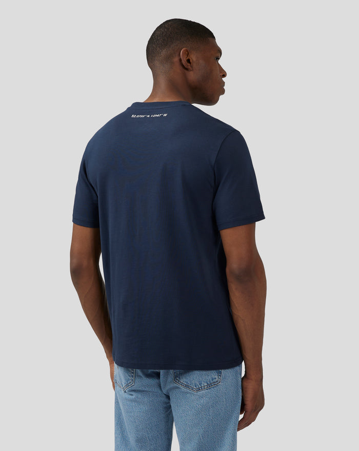Back view of the navy Silverstone Core T shirt showing coordinates printed on the upper back.