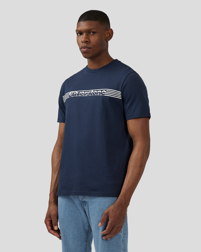 Male model wearing a navy Silverstone Core T shirt with a white striped logo across the chest.
