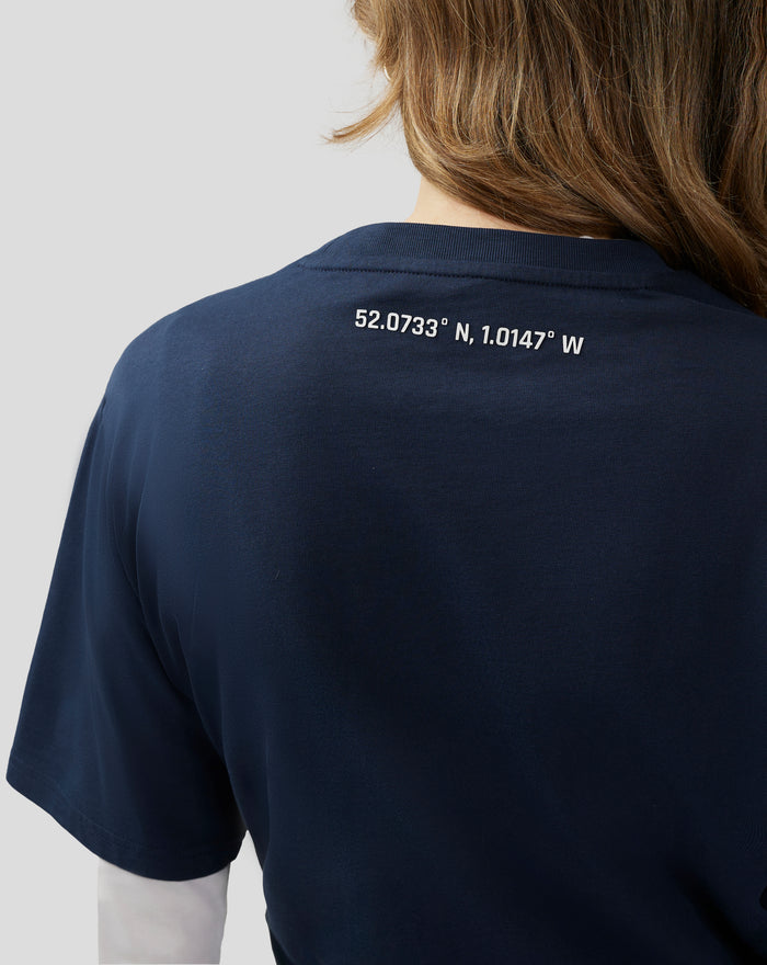 Back view of a navy Unisex Silverstone Core T Shirt with white coordinates printed at the upper back