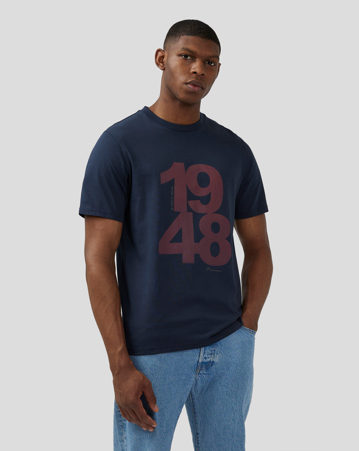 Male model wearing a navy Silverstone Core 1948 T Shirt with a large red 1948 graphic on the chest.