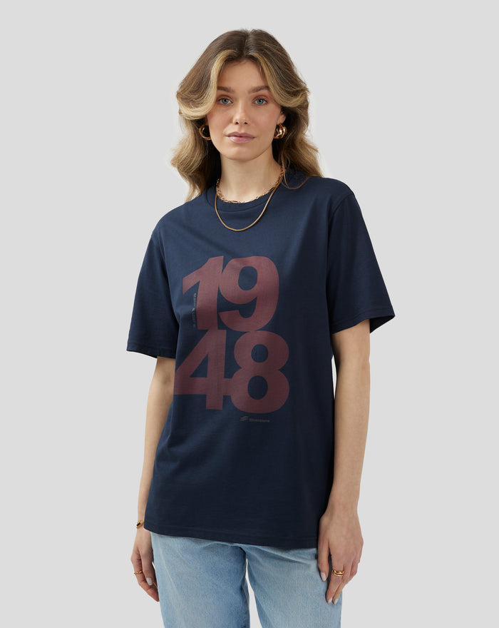 Model wearing Unisex Silverstone Core 1948 T Shirt in Black Iris with large front print