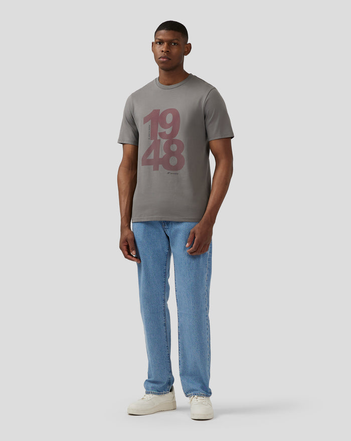Male model wearing charcoal Silverstone Core 1948 T Shirt with large 1948 front graphic