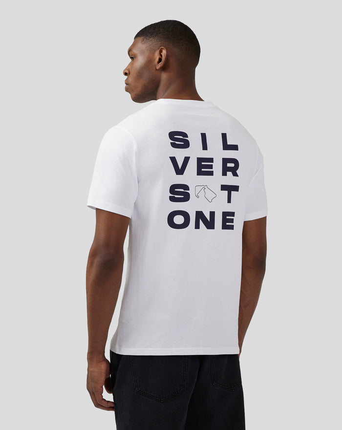 Back right view of white T shirt showing bold SILVERSTONE lettering and a small icon on the back