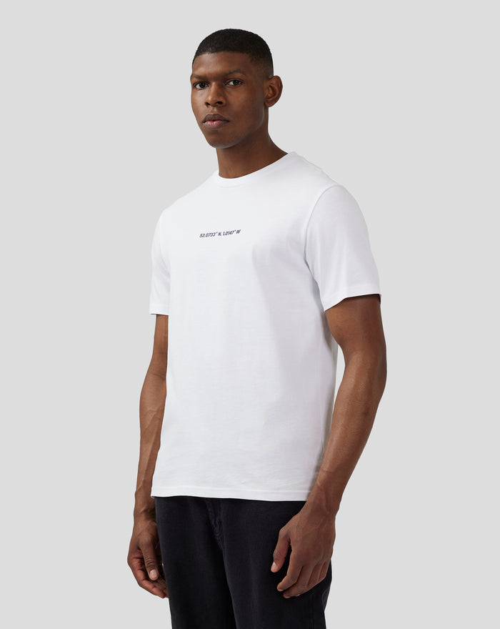 White unisex Silverstone Core Graphic T Shirt with a silicone chest graphic and back print on a plain gray background
