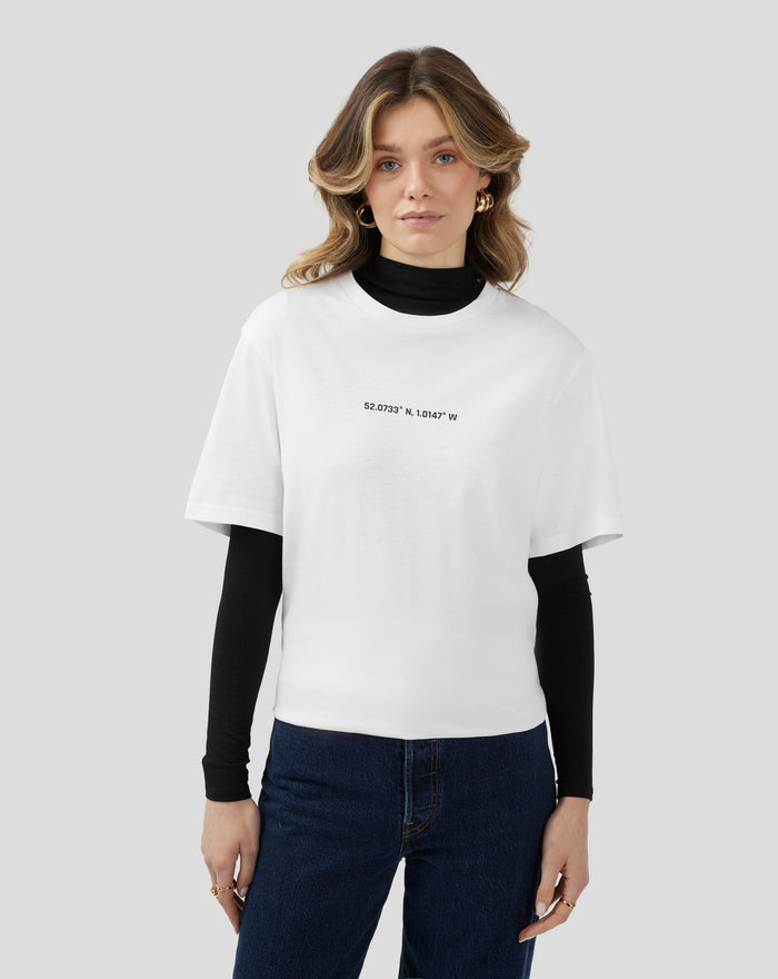 Back view of white unisex T shirt with large SILVERSTONE graphic across the back