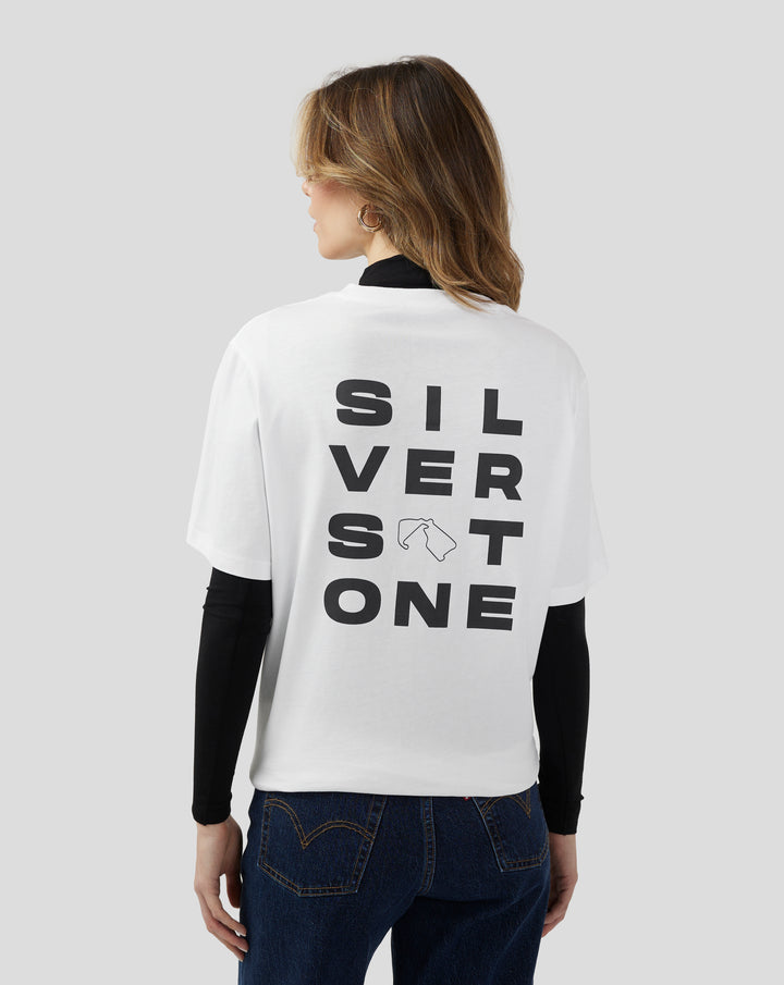 Back view of white unisex graphic T shirt with bold SILVERSTONE lettering on the back