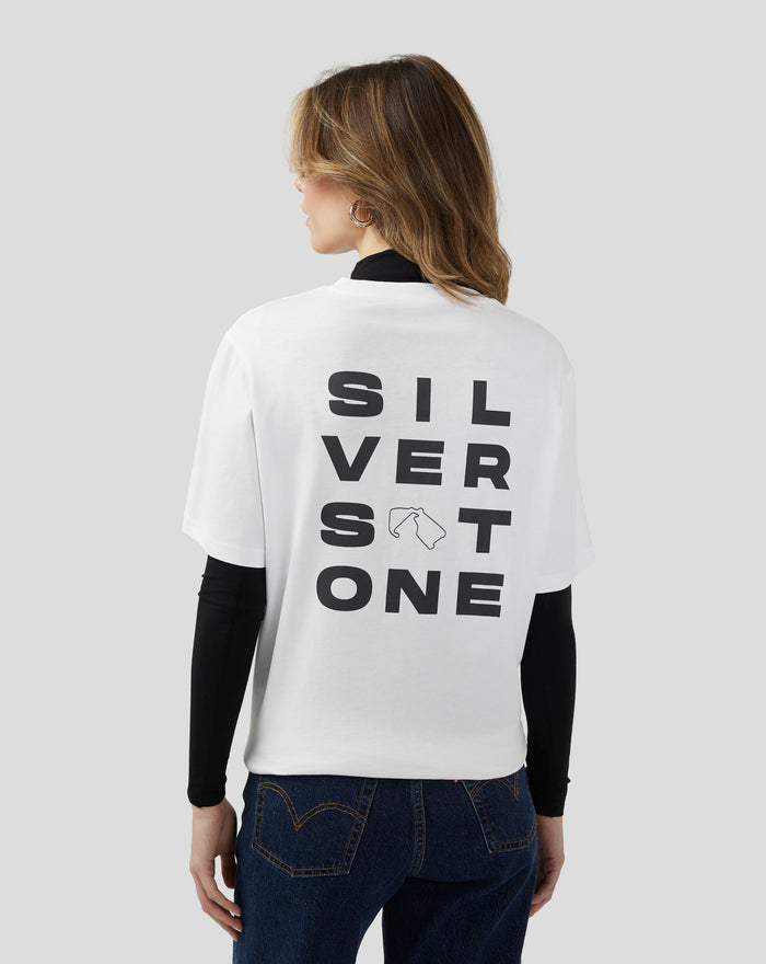Back view of white unisex graphic T shirt with bold SILVERSTONE lettering on the back